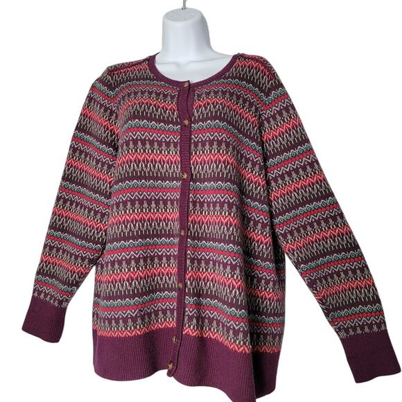LL Bean Fair Isle Cardigan Sweater Women’s LP  Purple Multicolor Cotton Cashmere - Picture 1 of 9